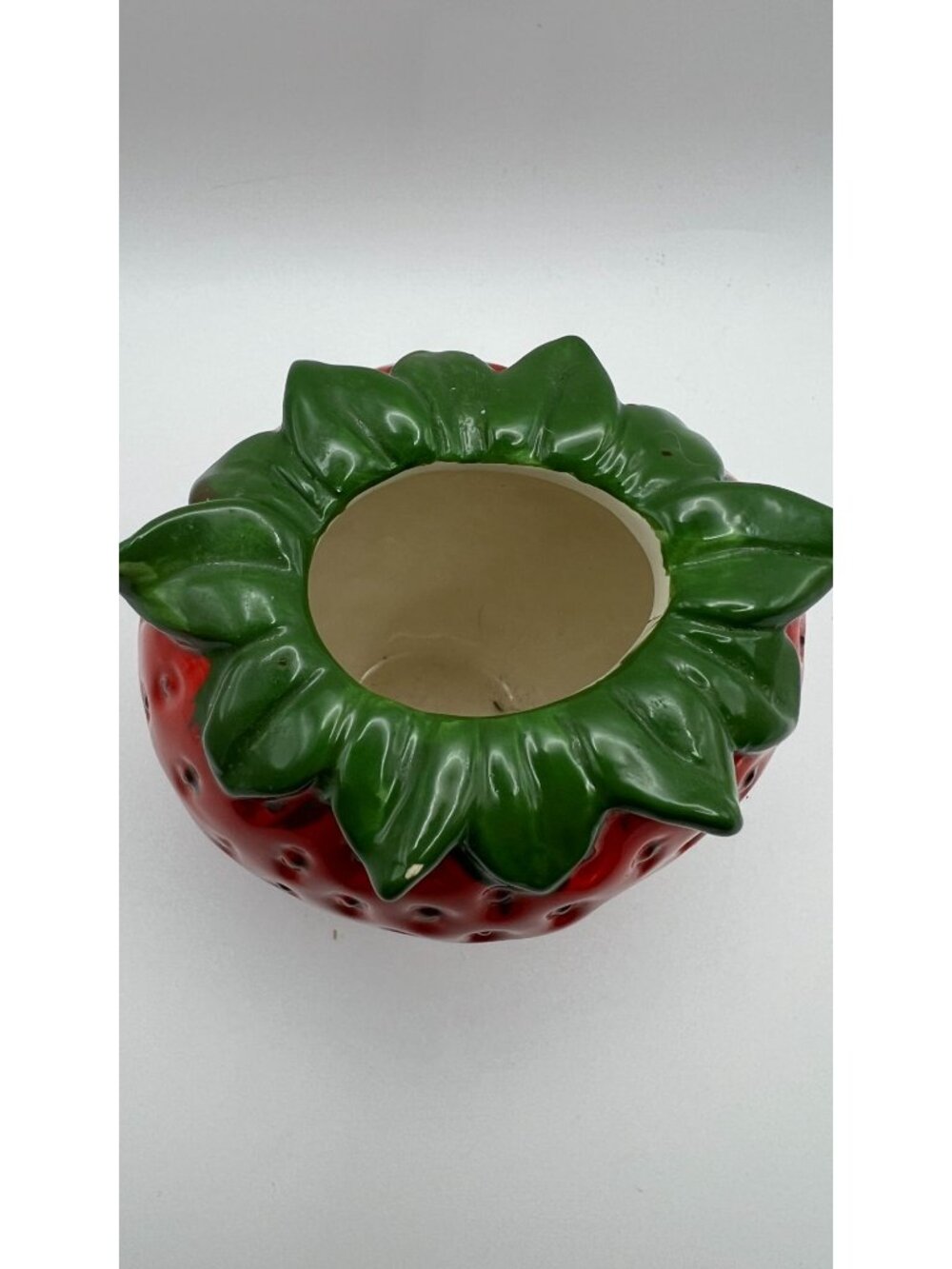 Strawberry Shaped Ceramic Vase Hand-Painted Red & Green Whimsical Fruit-Inspired - Picture 3 of 5